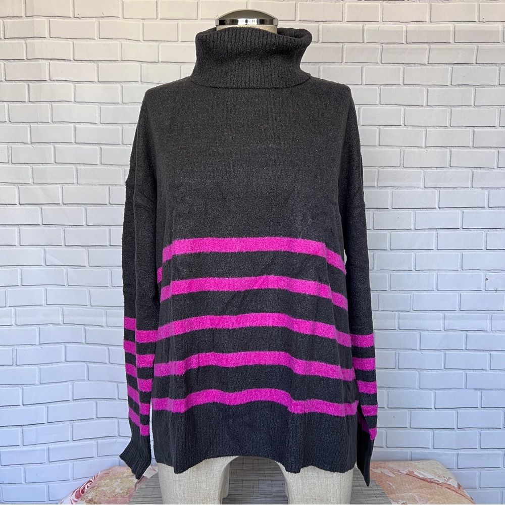 NEW Vince Camuto Cozy Soft Knit Striped Turtleneck Sweater Knit Carbon NWT $89 M